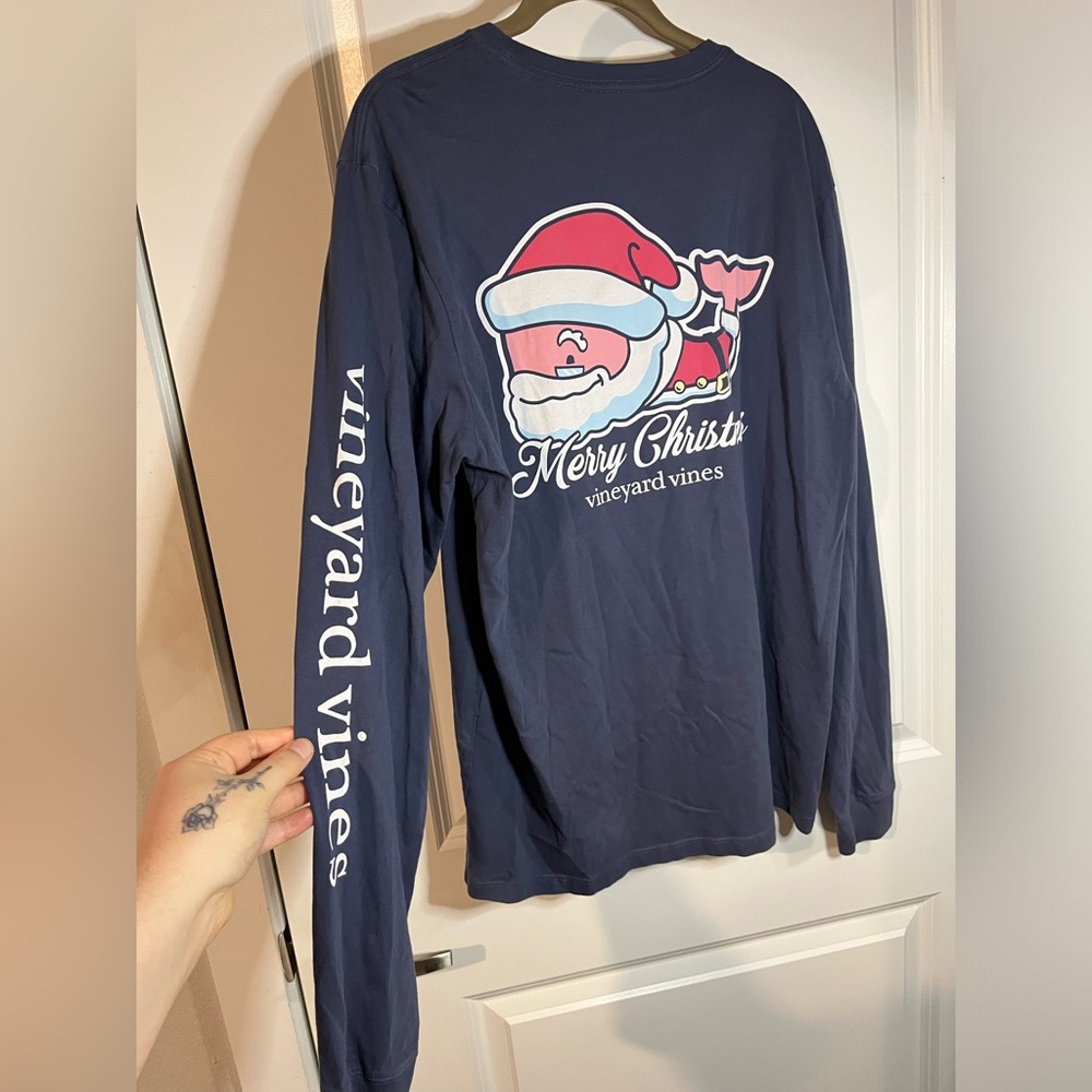 Vineyard Vines Santa Whale Design Navy Cotton Long Sleeve Tshirt Size Small